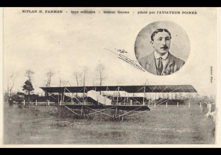 Carte postale présentant Alphonse Poirée et son biplan Farman